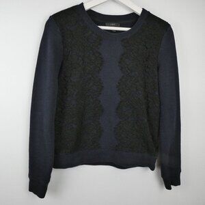 J Crew Womens Sweatshirt Small Navy with Black Lace Front Crew Neck Pullover Top